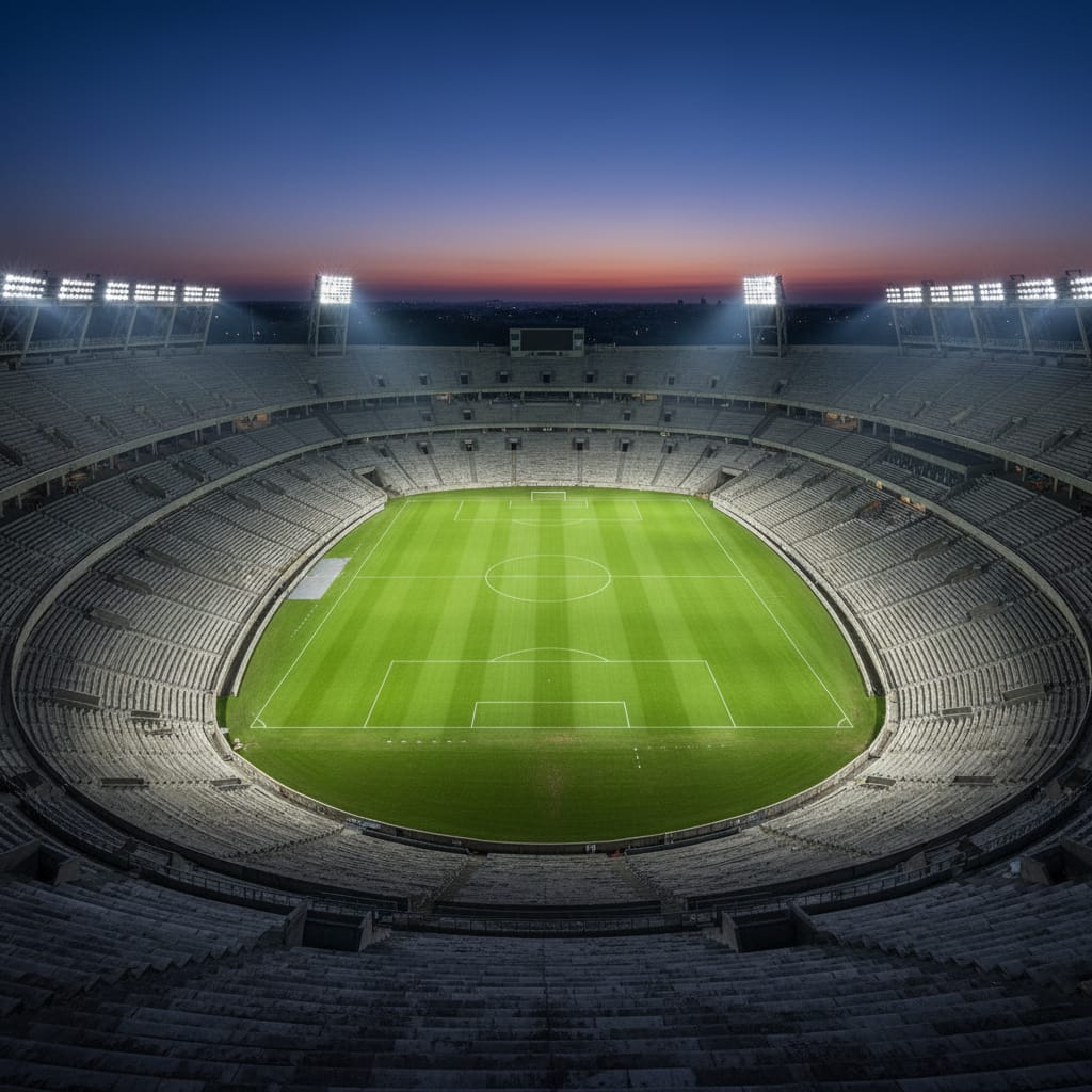 A packed stadium during an evening fixture