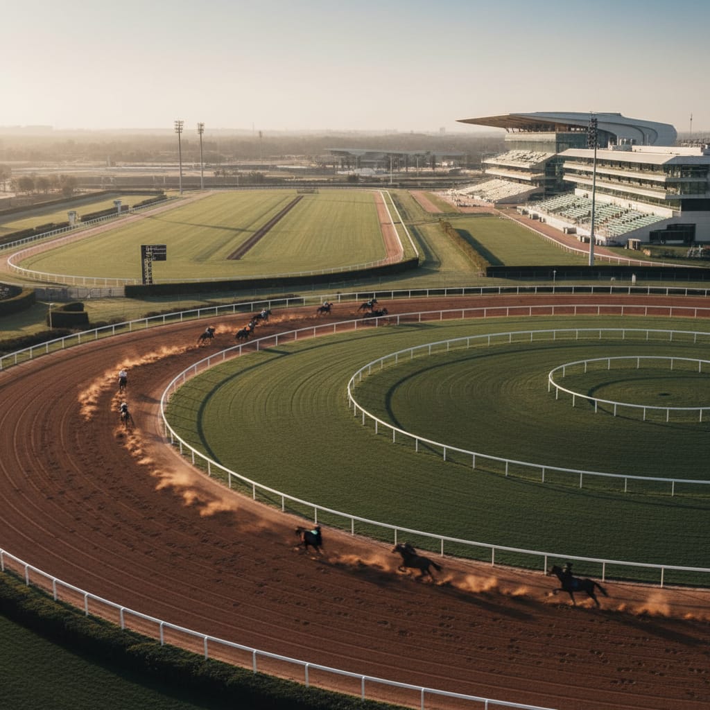Thoroughbreds rounding the home turn