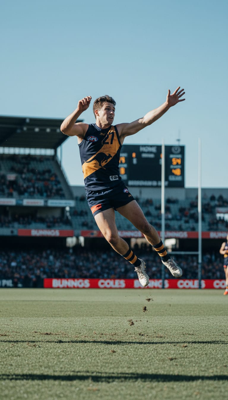 An Australian rules player jumping for the ball in daylight