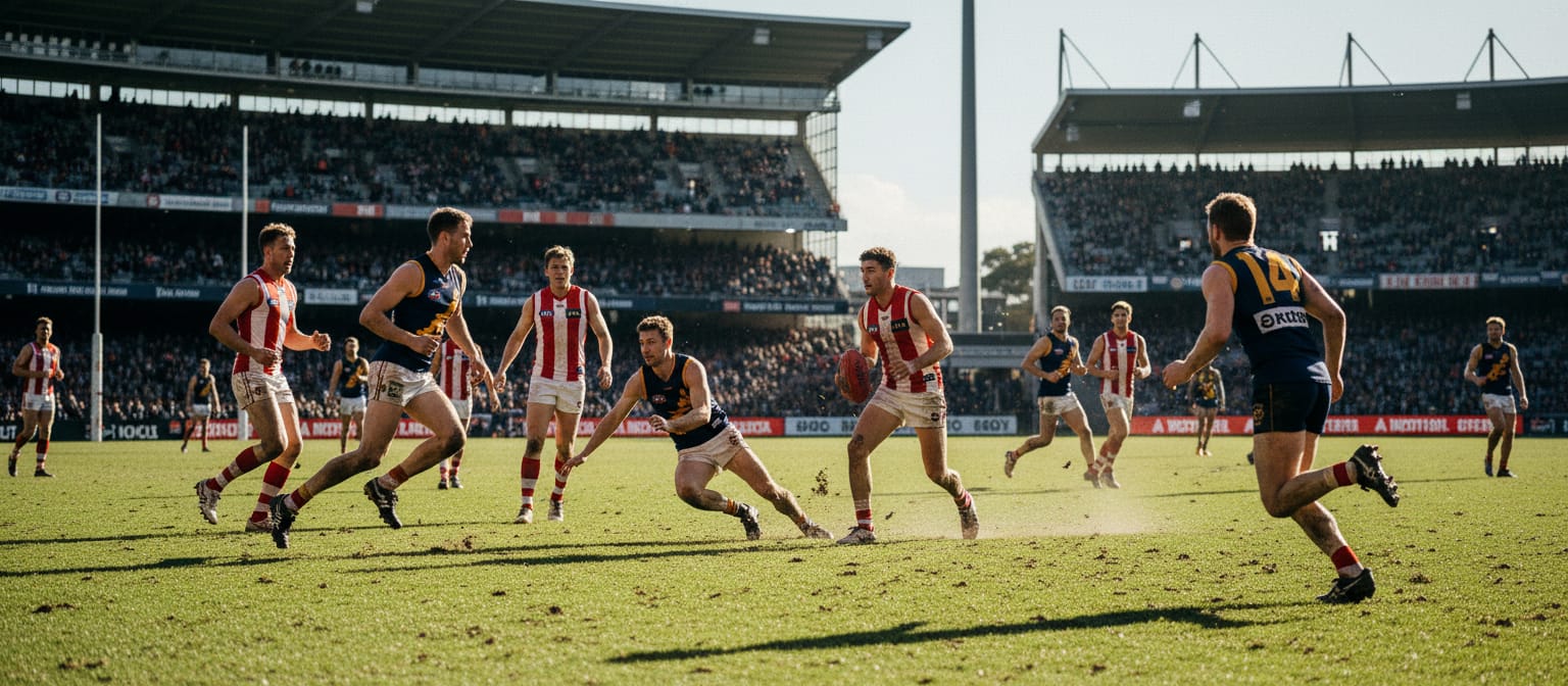 AFL players contesting the ball during a night match