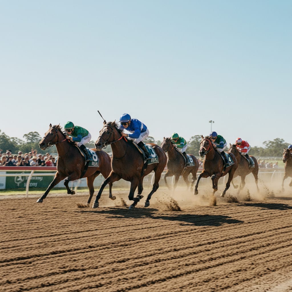 Thoroughbreds and jockeys mid-race on an Australian track