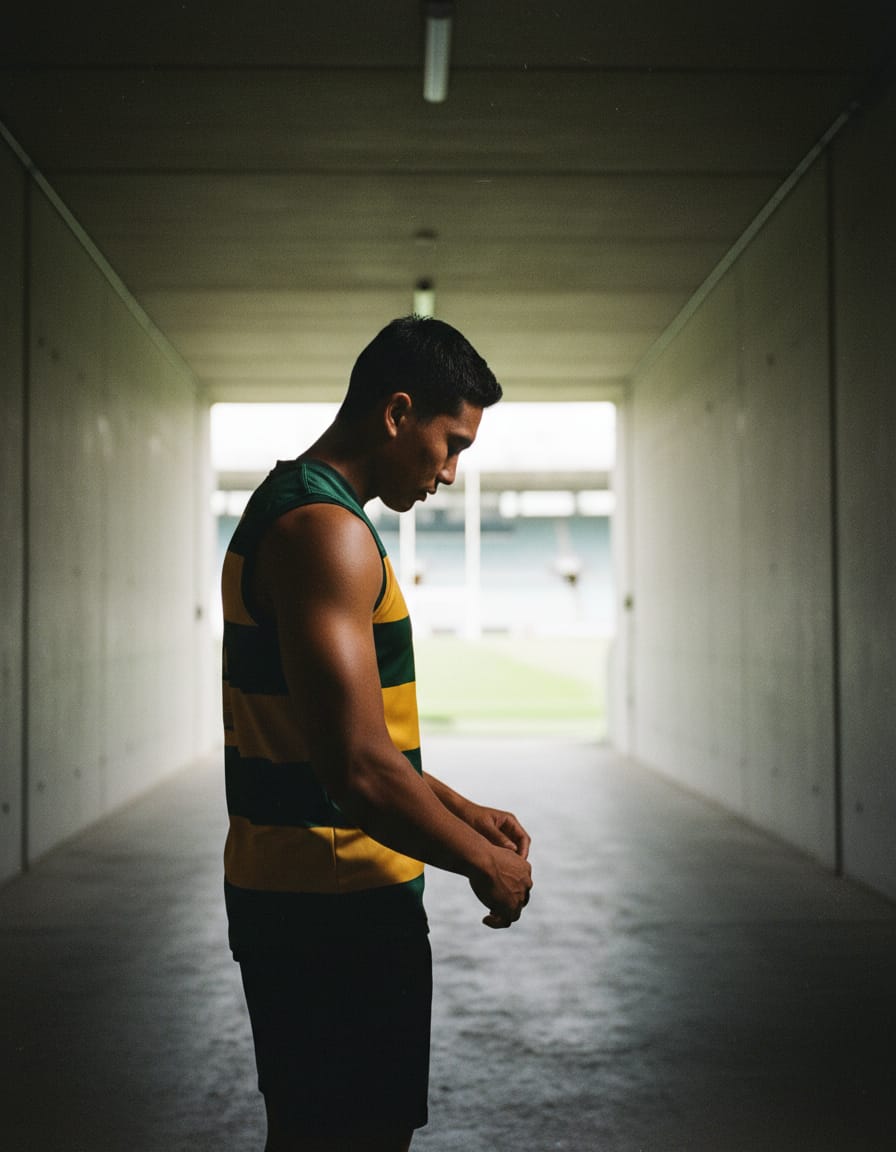 An Australian footballer standing in an empty stadium