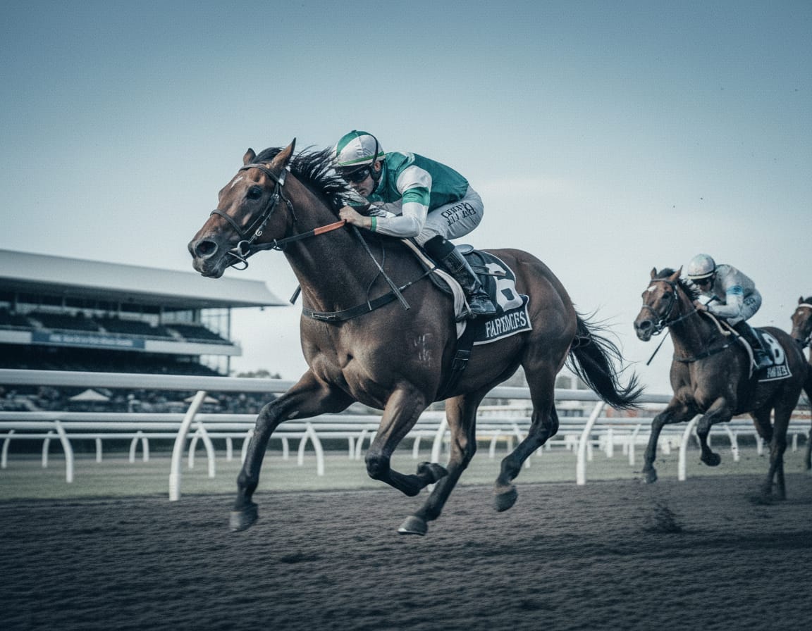 A thoroughbred and jockey at full stride on an Australian track
