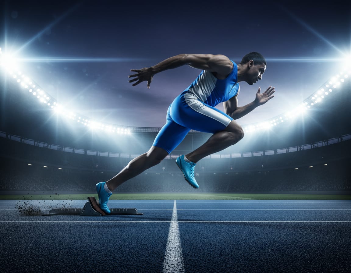A sprinter pushing off the blocks at the start of a race